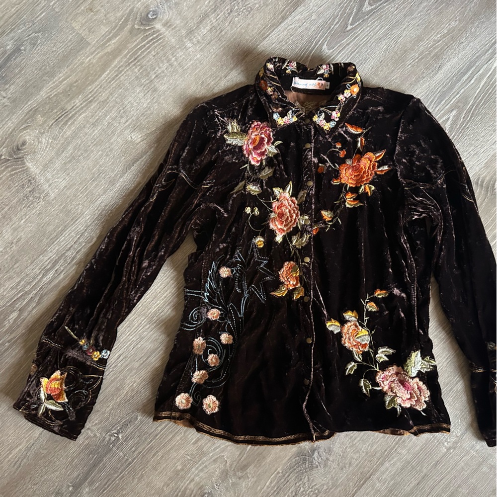 Johnny Was Chocolate Brown Embroidered Velvet Top